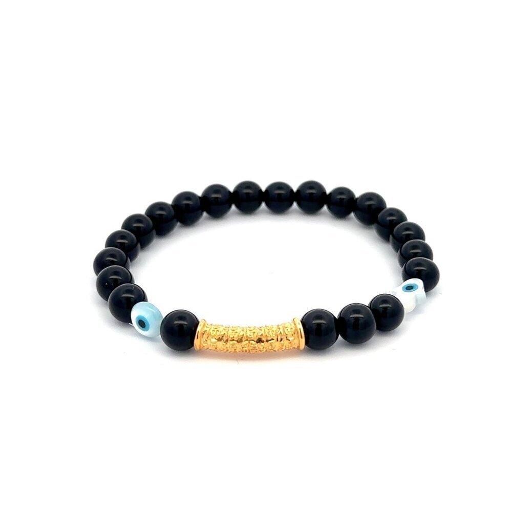 18K Gold Tube Lucky Charm Bracelet Gemstones Onyx 6mm Evil Eye.